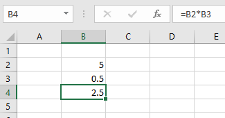 Excel simplu: 5, 0.5, =B2*B3